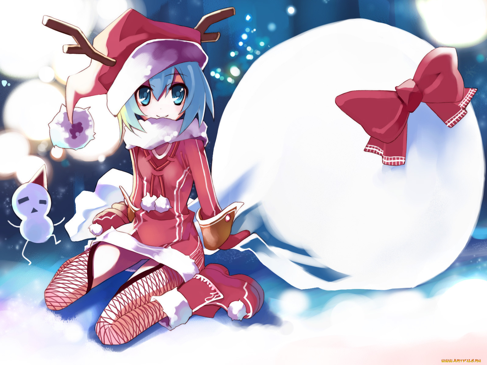 Обои Аниме Touhou, обои для рабочего стола, фотографии аниме, merry,  chrismas, winter, cirno, touhou, девушка, новый год, зима, снег, костюм,  мешок, подарки, шапка, бант, снеговик, рога Обои для рабочего стола,  скачать обои